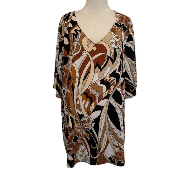 Susan Graver Liquid Knit Tunic Womens Size 2X Brown Abstract Geo Paisley Top - Picture 1 of 7